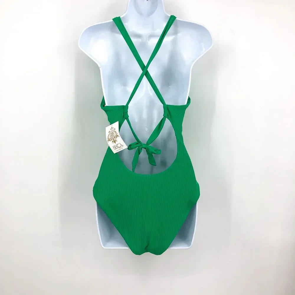 BECCA Women's Gia Plunge One Piece Swimsuit Large Green Lace Up Modern Edge NWT